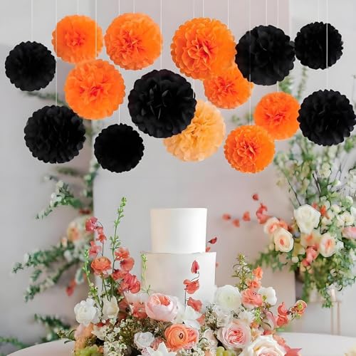 Image of XIKSXITN 12 pc Orange Black Tissue Paper Pom poms-Hanging Paper Pom Poms Paper Flowers Ball for Halloween Party Decorations(10&12 inch)