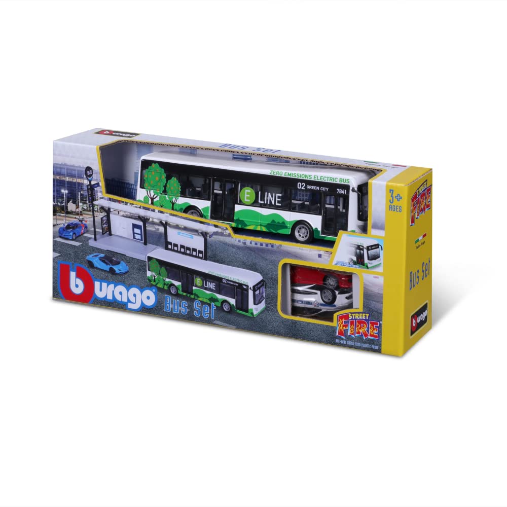 BBURAGO 1/64 TRASPORTI PUBBLICS - Playset City Bus + Station + 2 veicoli, blu o verde