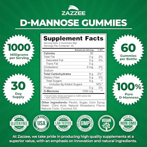 Image of Zazzee D-Mannose Gummies, 1000 mg per Serving, 60 Vegan Gummies, Strawberry Flavor, Non-Sugar-Coated, Potent & Fast-Acting, All-Natural Urinary Tract Health Support, Made in the USA