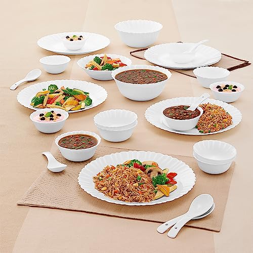 Image of Larah by Borosil Silk Series Opalware Dinner Set | for Family of 6 | Microwave & Dishwasher Safe | Bone-Ash Free | Crockery Set for Dining & Gifting | Plates & Bowls | White (27 PCS)