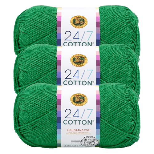 Image of Lion Brand Yarn, 24 /7 Cotton Yarn, Ivy League, Green, 3 Pack | Light Worsted 100% Mercerized Cotton Yarn for Crochet, Knitting, Craft, 185 Yards of Natural Fiber for Tees, Bags, Dishcloths