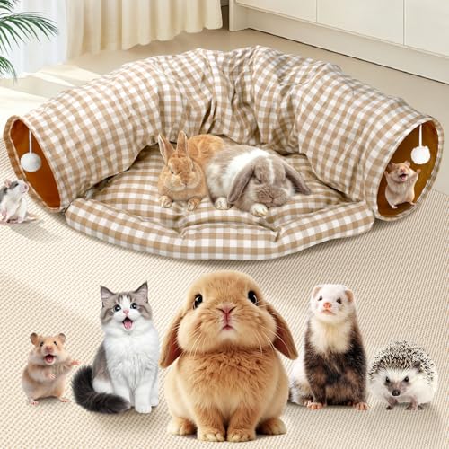 Spardar Bunny Tunnel Bed 2-in-1 Collapsible Tunnel Tubes Toys Washable with Removable Mat Hideout Interactive Toys for Rabbits Chinchilla Hedgehog Guinea Pigs Kitty Checkered