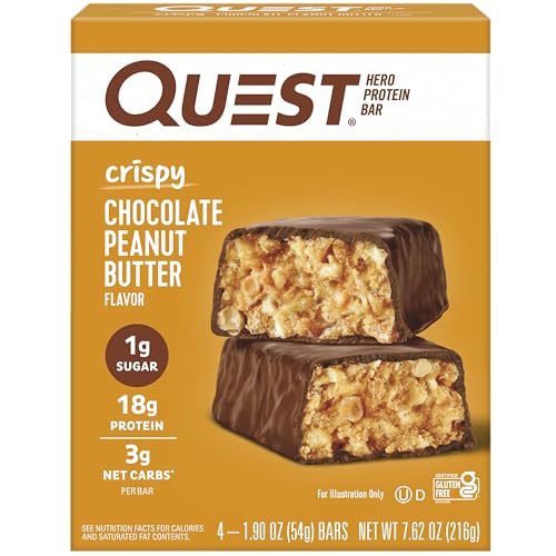 Quest Nutrition Crispy Chocolate Peanut Butter Hero Protein Bar, 18g Protein, 1g Sugar, 3g Net Carb, Gluten Free Protein Snack, Keto Friendly, 4 Count