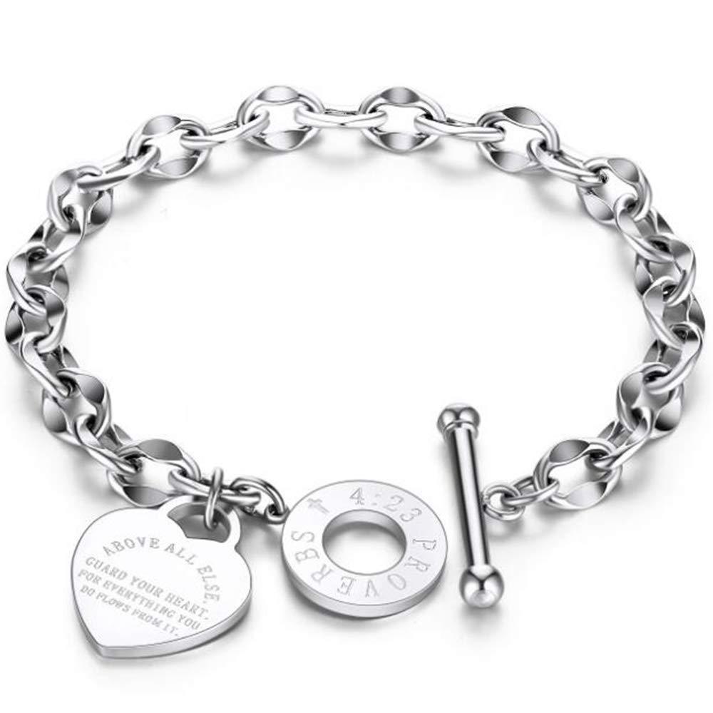 Jude Jewelers Stainless Steel Christian Cross Bible Verse Proverbs 4:23 Link Bracelet