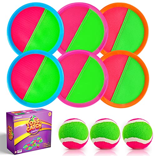 Qrooper Kids Toys Toss and Catch Game Set, Ball Sports Games with 6 Paddles 3 Balls and 1 Storage Bag, Classic Outdoor Games, Beach Games, Yard Games Suitable for Kids Gift Ideal (Blue+Orange+Pink)
