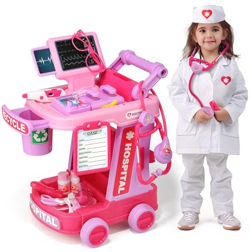 Liberry Doctor Kit for Toddlers Aged 2 3 4 5, Pretend Doctor Play Set for Kids with Cart, Costume and Stethoscope, Role Play Medical Toys for Girls Boys(Pink)