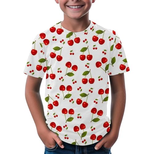 Toddler Kids Cherry Strawberry Short Sleeve Tees Boys Girls Cute Fruit Print Crewneck T-Shirts Comfy Soft Blouse