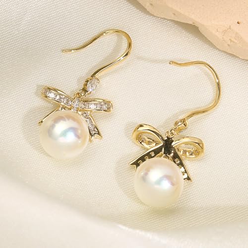 MIKAMU 14K Gold Ribbon Bow Stud Earrings for Women CZ cubic zirconia Gold Plated Dainty Pearl Earring for Women Jewelry (gold) 5