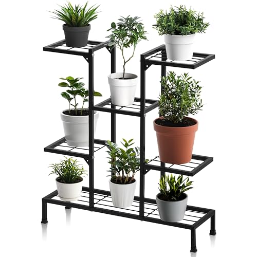 Image of Livzing Heavy Duty Metal Plant Stand for Indoor & Outdoor Use | 8 Tier Multi-Level Flower Pot Stand | Powder Coated Rustproof Iron | 15 kg Load per Tray | Balcony, Living Room, Garden (Black)