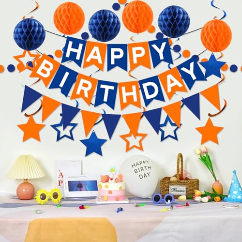 Image of Blue & Orange Birthday Party Decorations - Happy Birthday Banner, Honeycomb Balls, Swirls, Circle Dot Garland, Triangle Flags Bunting
