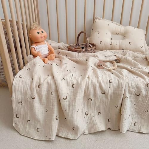 Image of MKXI Nursery Blankets Swaddling Blankets 100% Cotton Lovely Moon Print for Girls Soft Thin Quilt Toddler Blanket Muslin Baby Quilts Lightweight Breathable