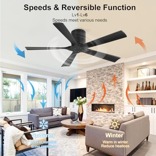 Image of ELEHINSER 52 Inch Flush Mount Ceiling Fan without Light, Low Profile Modern Ceiling Fan with Remote, Quiet DC Motor, 6-Speed, Timer, 5 Solid Wood Blades, Black