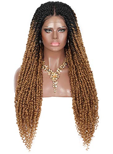 Kalyss 30” Braided Wigs with Baby Hair for Women 4X4” Swiss Lace Front Japan-made Ombre Blonde Synthetic Braids Wigs with Water Wave Curls Ends