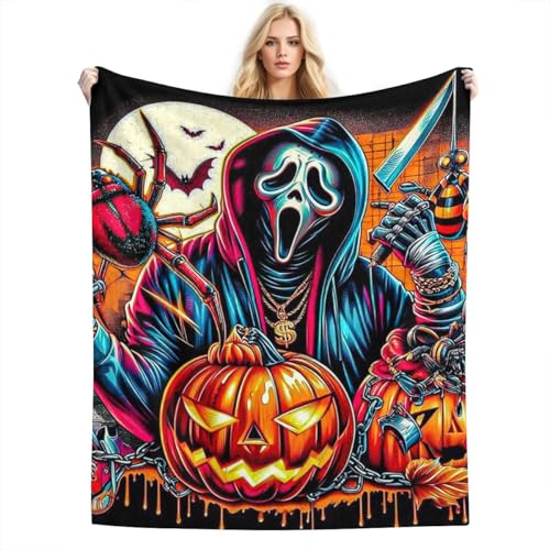 Halloween Ghostface with Pumpkins and Spiders Flannel Throw Blanket 4050100 * 125cm Soft Anti-Pilling Fleece Blanket for Couch Sofa Bed Lightweight and Breathable for Home Office Travel