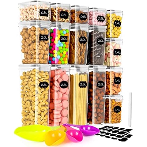 Vorratsdosen 16 Set Frischhaltedosen mit Deckel Vorratsbehälter Aufbewahrungsbox Küche Luftdicht Behälter Schüttdosen Set mit Etiketten und Löffel küche organisation für Spaghetti,Mehl,Müsli,Cornflake Cover