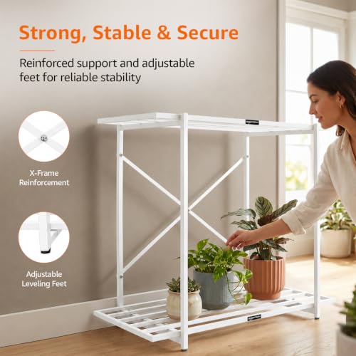 Image of Amazon Basics Heavy Duty 2-Tier Plant Stand | Rust-Resistant Powder Coated Finish | Multipurpose Shelves | Reinforced X-Frame Stability | Indoor & Outdoor Use | Balcony, Garden & Living Room | White