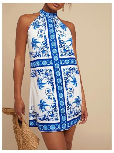 Image of Floerns Women's Sleeveless Floral Print Sundress Halter Neck A Line Short Dress