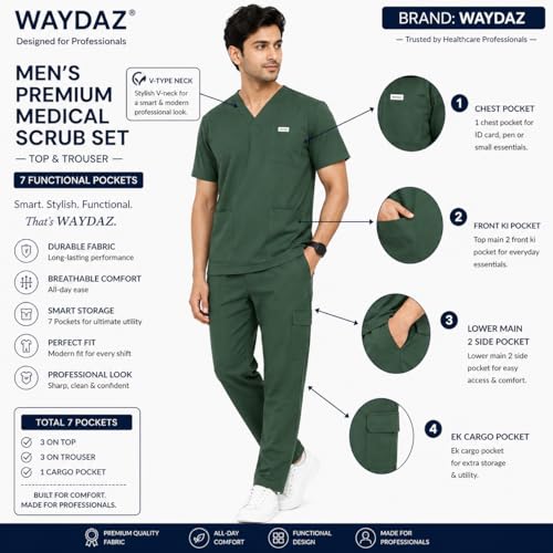 Image of Unisex Medical Scrub Suit Set, V-Neck Top with Pants, Short Sleeve, Polyester Cotton Blend, 7 Pockets, Regular Fit, Hospital Doctor Nurse Uniform