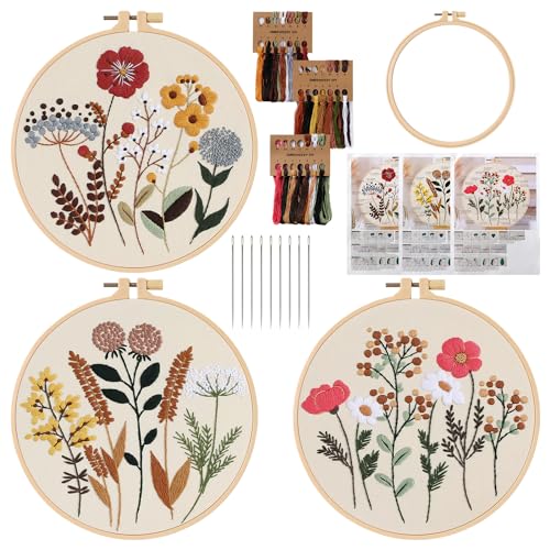 LOMOHOO Stickset für Anfänger,Blumenmuster Pflanzen Sticken Set Erwachsene Stickerei Set mit 3 Stück Kreuzstich Set für DIY Kunst,Handwerk