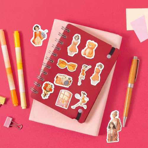 Image of Orange Aesthetic Kawaii Girl Vinyl Stickers Pack of 35 | Waterproof Peach & Warm Tone Cute Fashion Decals for Laptop, Water Bottle, Journal, Scrapbook, Phone Case | Self-Adhesive Sticker Pack