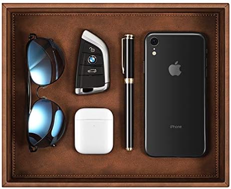 SITHON Valet Tray Desk Organizer, PU Leather Catchall Tray Bedside Vanity Tray Nightstand Caddy Coin Box Key Jewelry Storage Organizer, Brown