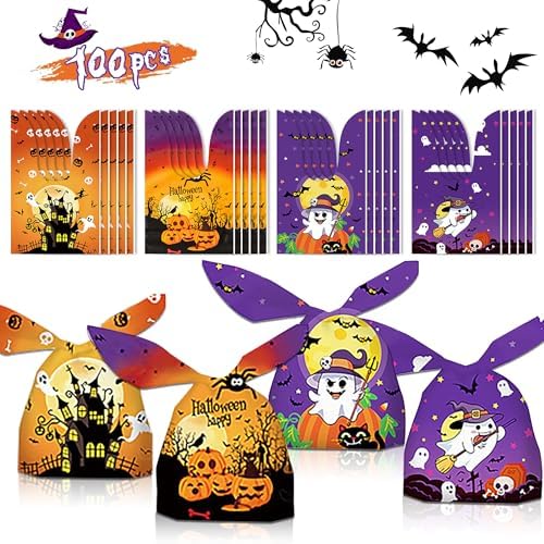 Rabbit Ears Goodie Bags - 100PCS, 4 Halloween Designs - Small Plastic Candy Bags for Trick or Treat
