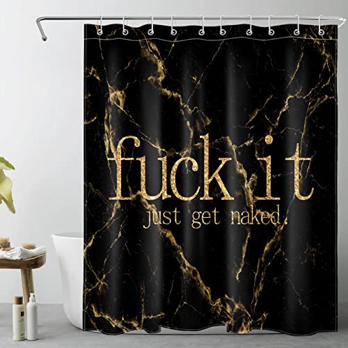 LB Black and Gold Marble Shower Curtain Funny Fuck It Just Get Naked Shower Curtains for Bathroom Abstract Geometric Polyester Anti Mould Waterproof Bath Curtain Set including Hooks,59x78 inches