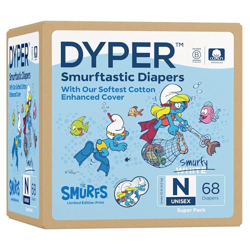 DYPER - Smurftastic Diapers - Hypoallergenic, Plant-Based, Quick-Drying, Eco-Friendly, Fun Smurftastic Prints - Newborn (68 Count)