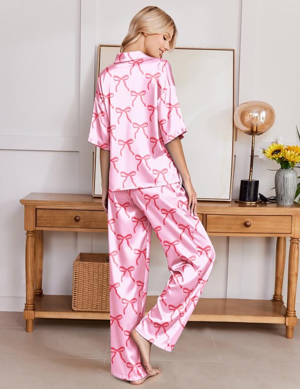 Image of Ekouaer Silk Satin Pajamas Set Women Short Sleeve Pj Sets Button Down Sleepwear 2 Piece Soft Loungewear S-XXL
