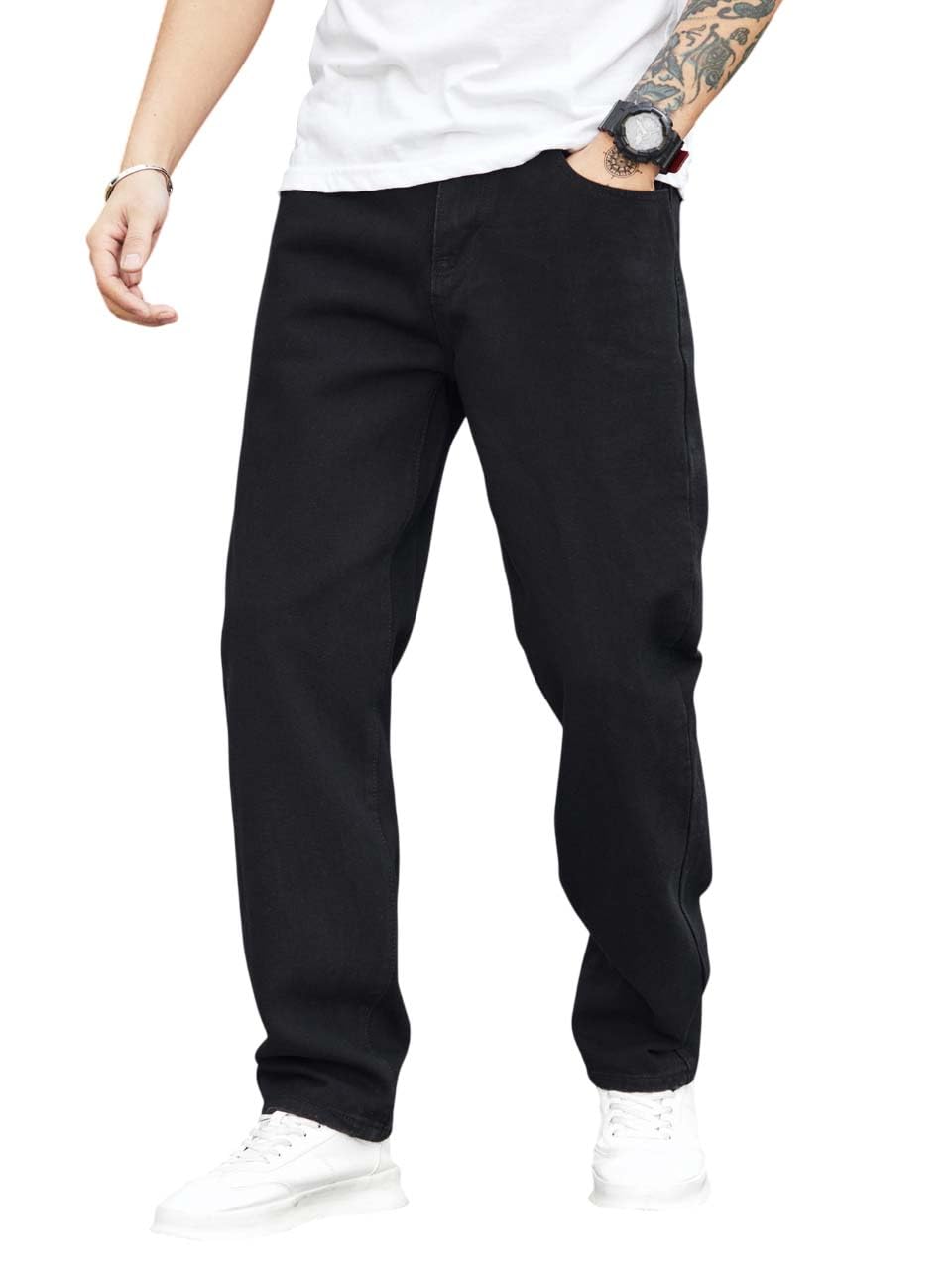 Men's Solid Regular Fit Mid Distressed Fashionable Trendy Denim Jeans(Black,32)