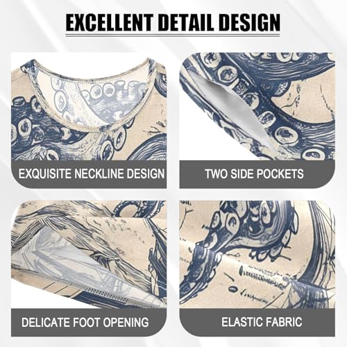 ALAZA Vintage Nautical Octopus Map Watercolor Pajamas Set Short Sleeve Cotton Sleepwear Summer Pjs 2 Piece 5-14Y4