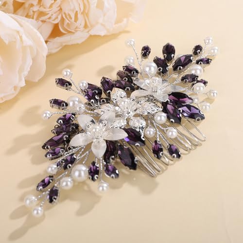Peine de boda con cristales y perlas moradas vintage miniatura 2
