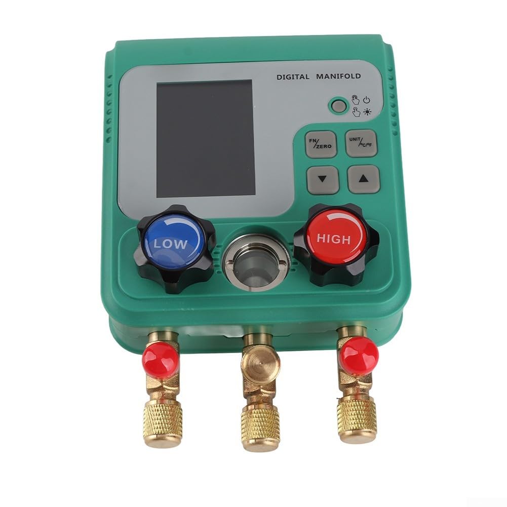 DY523 - Manómetro digital de vacío para aire acondicionado de coche, medición de presión dual con indicador de sobrecalentamiento, 0-6000 KPa, ± 0,5% de precisión, conector de metal, gancho plegable