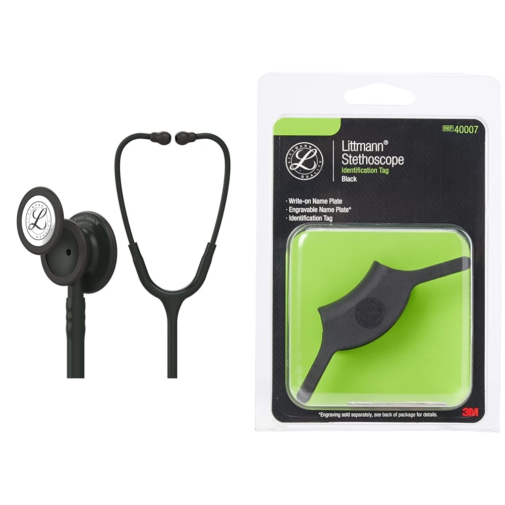 3M Littmann Classic III Stethoskop zur Überwachung, 5803, Black Edition Bruststück, schwarzer Schlauch, 69 cm & Stethoskop-Namensschild, 40007, Schwarz