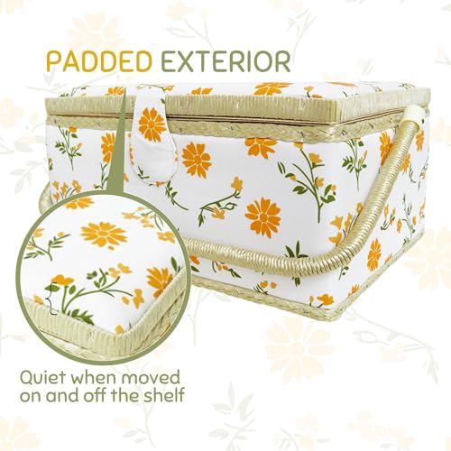 Empty Sewing Basket with Removable Tray for Sewing Supplies, Large Wooden Box Only Organizer for Beginners Professionals, Marigold