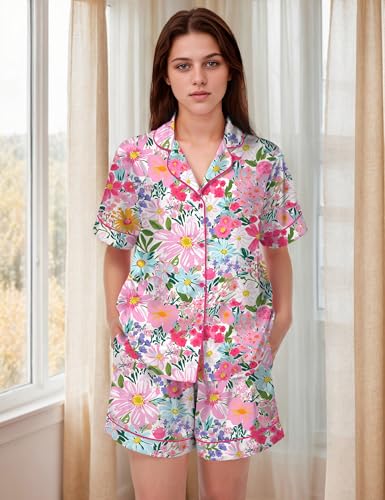 Image of SHESHOW Satin Pajamas for Women Set Preppy Animals Pjs Short Sleeve Shorts 2 Piece Loungewear Sets XS-XXL