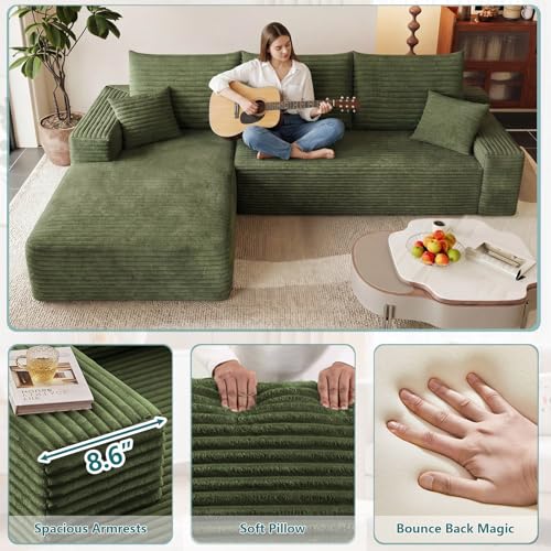 Image of 95 inch Modular Sectional Couch, Boneless L Shaped Cloud Sofa with Chaise Lounge, Corduroy Upholstered Couches Memory Foam Deep Seat, No Assembly Required, Ideal for Living Room(Green, Left Facing)