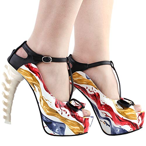 SHOW STORY Retro T-Bar Liquid Print Buckle Bow Mary-Jane Gladiator Platform Bone Heels Pumps,LF807043