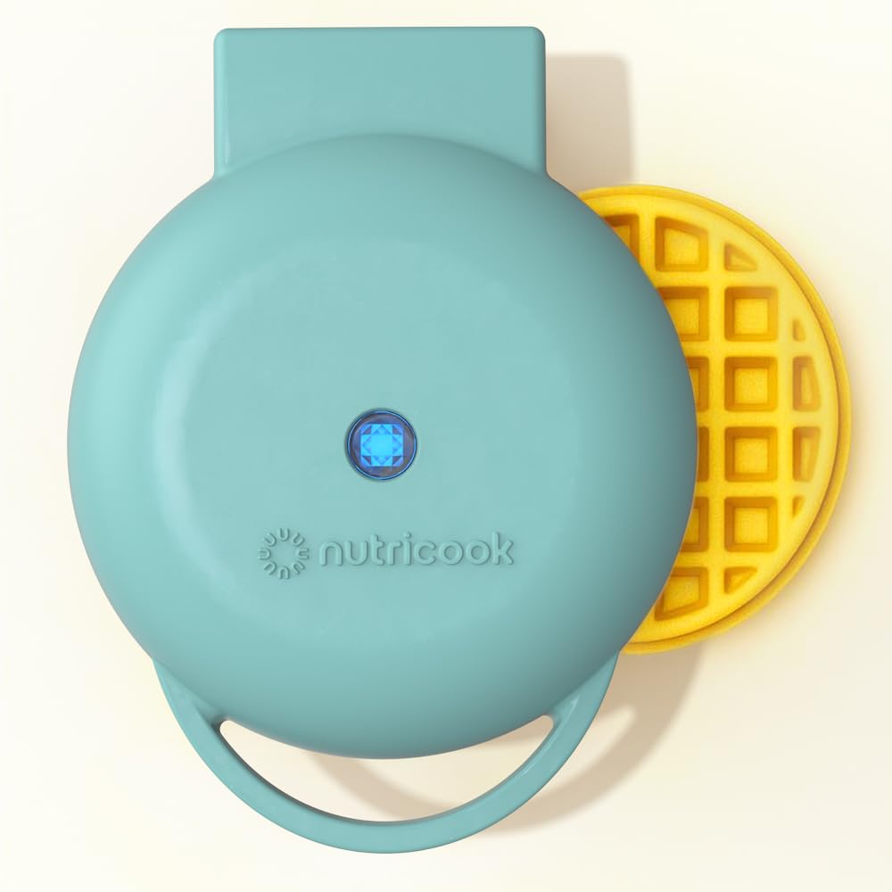 Nutricook Mini Waffle Maker 10cm Healthy Ceramic Coating for Belgian Waffles Quick Heat-Up, Compact Waffle Maker for Home, Kids, and Travel – Easy to Clean,Aqua, 2 yrs warranty, NC-WM100AQ