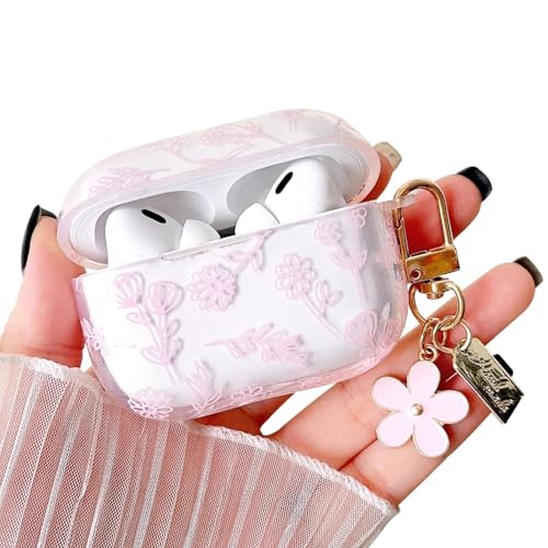 Image of MINSCOSE Compatible with AirPods Pro 2 Clear Case,Cute Flower Floral Aesthetic Design with Flowers Keychain, Soft TPU Protective Shockproof Case for Women Girl for Airpod Pro 2-Pink