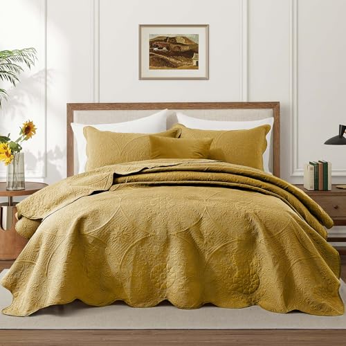 IR Imperial Rooms Twin Quilt Bedding Set Size (68” x 86”) + 1 Pillow Shams (20” x 26” + 2”) - 2 Pcs All Season Lightweight Reversible Microfiber Coverlet Floral Embossed Quilt Bedspread (Ochre)