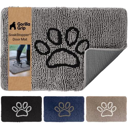 Image of GORILLA GRIP SoakSTOPPER Dog Door Mat, Machine Wash and Dry, 30x20 Gray | Absorbant Entryway Rug for Indoor Entrance, Captures Moisture, Mud, Dirt, Quick Dry Soft Chenille Dog Bed Mat for Muddy Paws