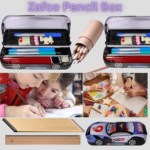 Image of ZAFCO Metal Pencil Box for Boys | Compass for Kids | Pen Box for Students | Geometry for School | Car Theme | Birthday Return Gift 1 Unit (Black)