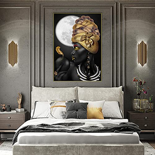 Afrikaanse Vrouw Canvas Schilderij Gouden en Zwarte Vrouwen Posters En Prints Wall Art Pictures Home Decor-50x75 cm Frameloos - Afbeelding 4