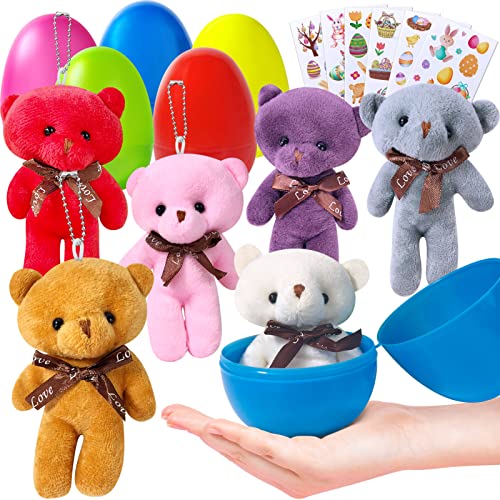 Plush Bear Easter Basket Stuffers Filled Large Plastic Eggs for Toddler Kids Girls Boys Easter Hunt Toys Egg Gift Stuffed Pendant with Easter Stickers