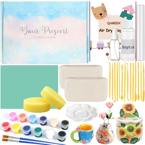 Vezerd Töpferset für Anfänger, Ton Lufttrocknend ohne Brennen für Zuhause, Kreativ DIY Keramik Bemalen Basteln Erwachsene mit Glanzlack, Werkzeuge, Pottery Set Als Geschenke für Kinder