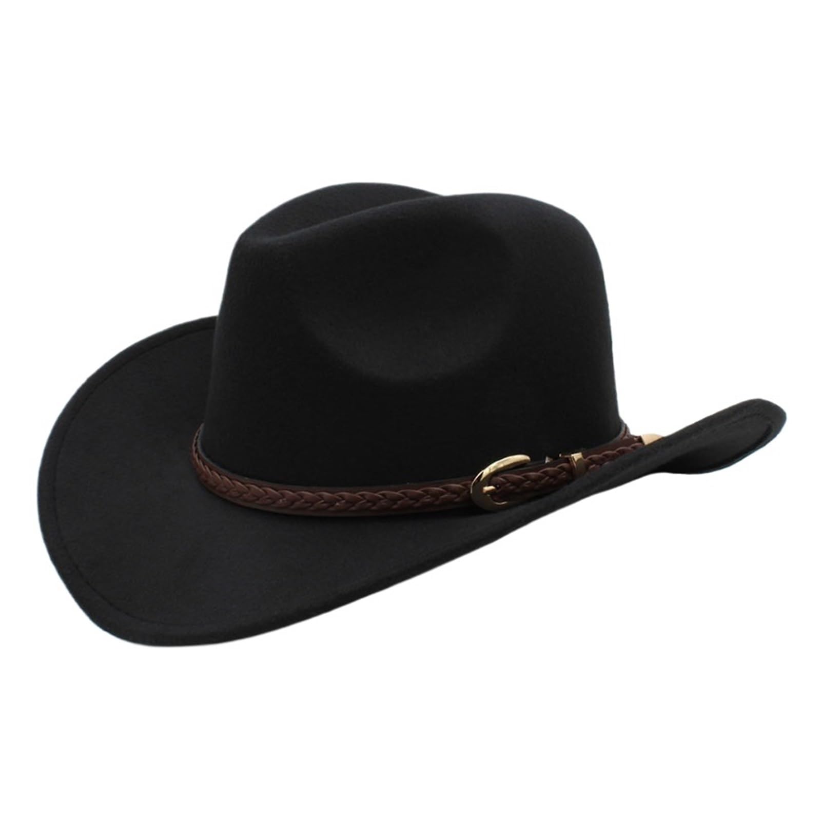 Cappello Cowboy Cappello da Cowboy Western con Tesa Larga in Lana Vintage Cinturino in Pelle Color caffè, Modello Cowgirl(Black,61cm)