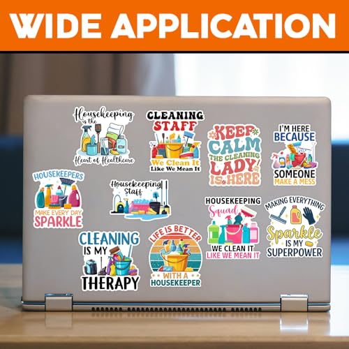 Image of MAIANEY (3x3 in) Funny Housekeeping Stickers Pack 10 Waterproof Cleaning Staff Decals for Laptop, Water Bottle, Journals - Gifts for Janitors, Maids, Housekeepers, Custodians