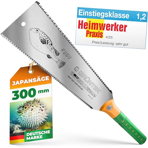 GRÜNTEK FUGU: Japan-Säge für Holz-Bearbeitung – Doppelseitige Hand-Säge für Kantholz, Sperrholz – Robuste Ryoba Zugsäge mit 300mm Carbon-Stahl Sägeblatt für Fein- und Grob-Schnitt