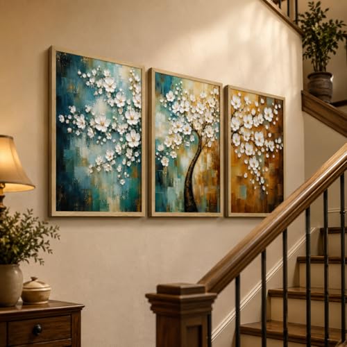 Image of Livin'luxe Set of 3 White Blossom Tree Wall Paintings for Living Room Bedroom Hallway Decor with Premium Wooden Color Synthetic Frame (25.5 x 19.5 Inch) NM03-94